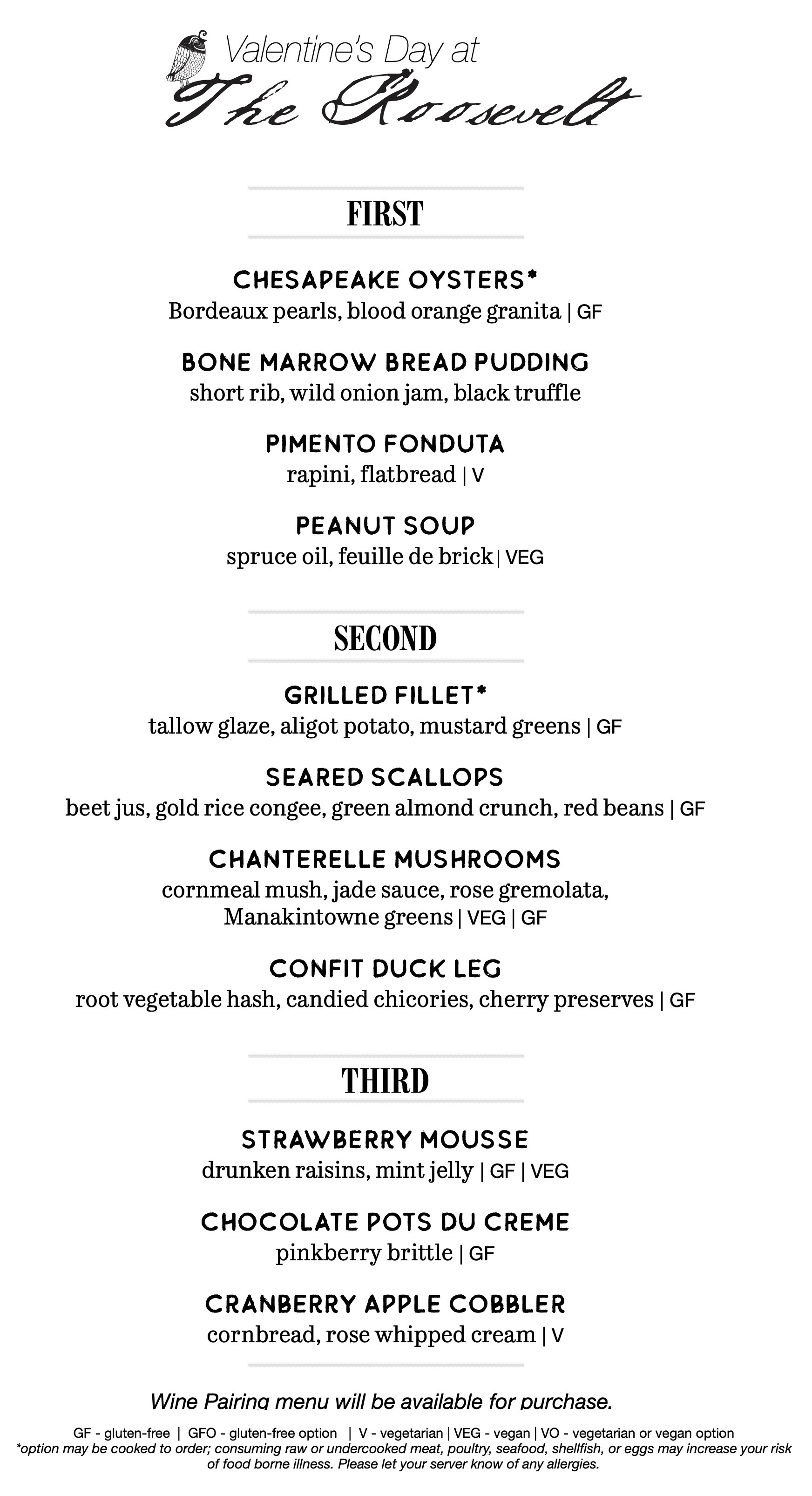 Valentines Day 2023 menu for The Roosevelt